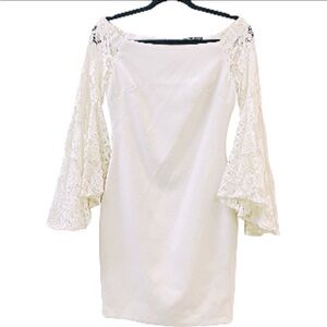 Alberto Makali lace long bell sleeve knitt back zip midi dress. Cotton b…